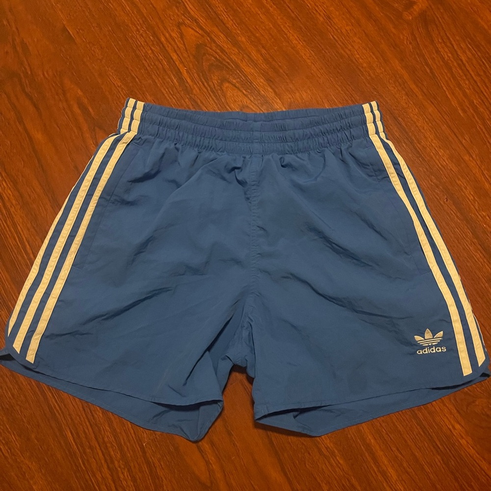 Adidas Men's Blue Athletic Shorts with White Stripes